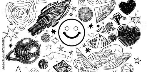 Y2K icons are characterized by their logo elements, including a retro planet, space and vintage 2000 shapes, and future rave stars, depicted in black silhouette, alongside amusing smile characters