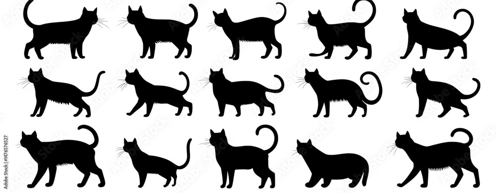 Silhouettes of black cats posed in various ways are set against a white background, making them suitable for logos, decals, and clothing designs that incorporate modern and minimalist art featuring Silhouettes of black cats posed in various ways are set against a white background, making them suitable for logos, decals, and clothing designs that incorporate modern and minimalist art featuring