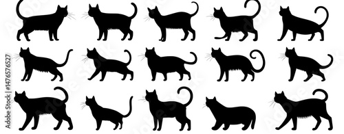 Silhouettes of black cats posed in various ways are set against a white background, making them suitable for logos, decals, and clothing designs that incorporate modern and minimalist art featuring