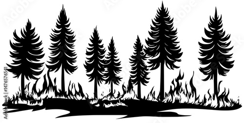 Illustration of a forest fire, depicting a natural disaster where wild flames destroy the natural world, with fires spreading and trees and dry grass burning amidst a modern landscape