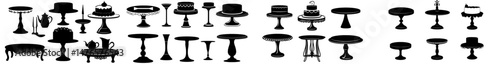 Modern icons include silhouettes of dessert plates, table tiers, and tea cake platter or stand tray, as well as restaurant food serving platters and wedding cake stands