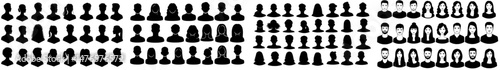 Modern collection of young male and female anonymous silhouette heads isolated on white, featuring front view outlined shoulder portraits of people avatars