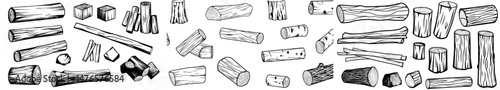 A set of black birch trunks, along with sketches of isolated trees and dry branches, form a collection of modern organic wooden objects