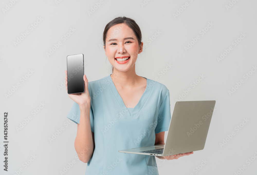 Naklejka premium smart attractive positive smile asian nurse doctor portrait shot confident and cheerful professional occupation hand hold smartphone laptop folder file hand gesture welcome body pose