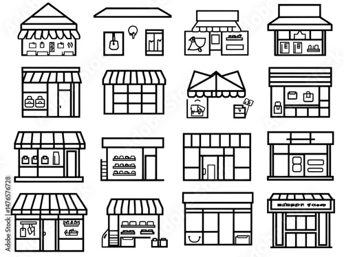 Shops define contemporary bundle, supermarkets display counters, benches, and retail outlets, malls, chain enterprises, marketplaces, and trade shopping icons isolated on white background