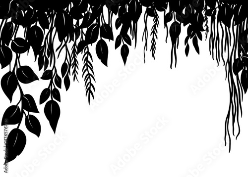 Tropical jungles are outlined by liana branch vines in silhouette, set against a modern background featuring rainforest leaves, foliage plants, grass, and trees, evoking a paradise of African forest