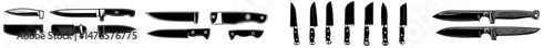 A set of kitchen knives is designed for cutting various foods including bread, meat, fish, and vegetables, and is considered essential equipment for professional chefs, presented in a hand-drawn
