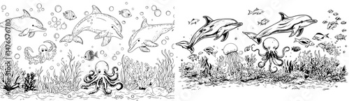 Ocean creatures including dolphins, jellyfish, and whales inhabit coral reefs in the marine world, depicted in a cute and childish cartoon illustration