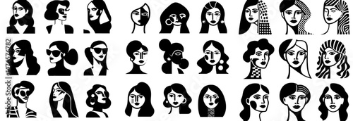 Abstract cubism cartoon portraits are presented in a modern set featuring geometric faces of men and women with a futurist texture of lines and shapes as avatars and profiles in illustrations