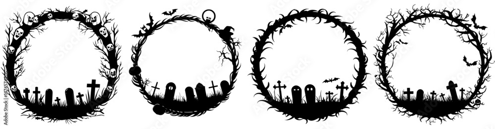 A Halloween grunge black frame is adorned with modern borders featuring spooky bat and horror spider cobweb silhouettes, accompanied by a scary cemetery frame complete with creepy trees, tombstones,
