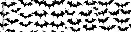 A seamless pattern of Halloween bats silhouettes, featuring a flurry of nocturnal creatures in flight, set against a white background, forms a hauntingly stylish modern tile suitable for spooky