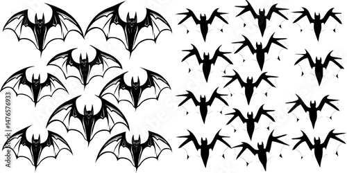 The horror night holiday is complemented by a seamless pattern background of cartoon modern Halloween bats, accompanied by party decorations for trick or treat, including clouds of flying black bats