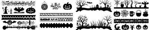 Halloween decorations feature spooky silhouettes on dividers and borders, including modern black frames with cemeteries, pumpkins, tombstones, graves, witch hats, cats on brooms, bats, and zombie