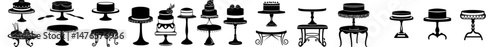 A wedding tea cake platter is shown with isolated stand tray silhouettes, along with modern retro table stands, pedestals, and display plates for desserts, sweet food, and pastries