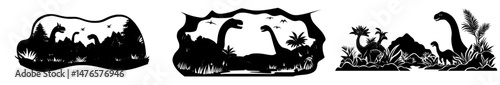 A prehistoric landscape featuring a paper cut dinosaur silhouette is set amidst lush greenery, waterfalls, and mountains, where Sarcosuchus, Quaesitosaurus, Apatosaurus, and Polacanthus roam freely