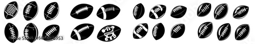 Modern elements of ball sports accessories and workout equipment are presented in isolated silhouettes of American football and rugby balls