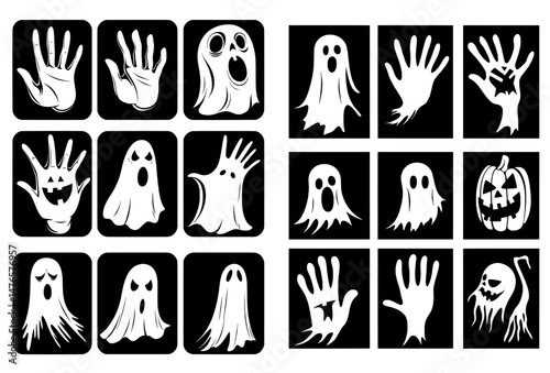 At Halloween, a window features eerie silhouettes of realistic ghost monsters, with shadows of spooky creatures, creepy hands, and bats creating an ethereal dance in the darkness, resulting in a