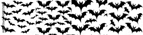 A seamless pattern of Halloween bats in flight, set against a white background, forms a stylish and haunting modern design suitable for spooky celebrations, decor, and wallpapers