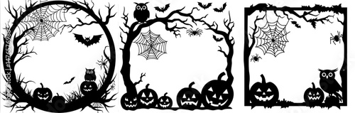 A modern decorative border or vignette with a Halloween grunge black frame, complete with eerie pumpkins, owl, and cobwebs on tree branches, captures the essence of the season's spooky spirit and