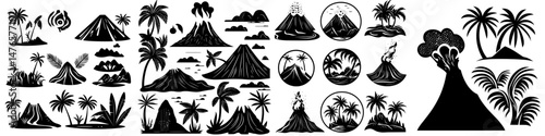 Modern cartoon scenes depict dusk volcanic explosions with molten mountain boulders and craggy eruptions of magma mist emissions near the summit stream clouds and natural geology blast surroundings
