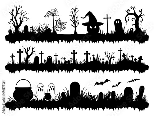 Halloween is represented by a frame border and divider that features a cemetery silhouette, depicting a modern graveyard with an array of creepy elements, including zombie hands, bats, tombs, a
