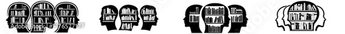 Modern cartoon concepts of a library head profile represent a repository of volumes for study and intelligence