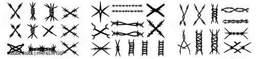 A set of barbed wire icons featuring black contour silhouettes and including both twisted and straight pieces of industrial fence wire to represent concepts of protection, danger, or security,