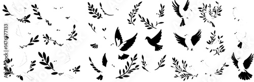 Pigeons olive boughs cartoon modern collection’ describes an image of birds alongside symbols of peace and freedom, set against a plain white backdrop