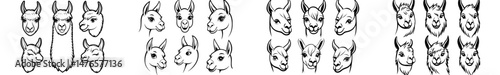 A modern collection of llama ink drawings features a creature with plant-eating pelage and hoofed contour in dark monochromatic tones, showcasing refined and minimalist fauna in an imaginative and