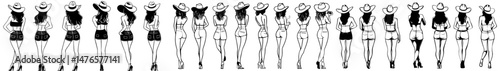 Modern concepts and stylish cowboy hats are incorporated into fashionable outfits for women in ink sketch form, showcasing girl apparel models from the back, wearing heels, and embodying summer