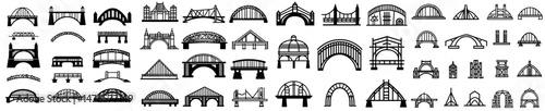 The modern collection features black icons of span, including iron bridge girders, flyovers, viaducts, arch passages, and engineering frameworks isolated on a white background