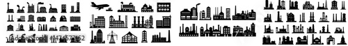 A set of building icons features factories, industrial, residential, and government buildings, representing architecture, real estate, city pollution, and more in a simple black and white flat style