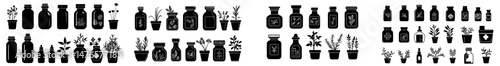 A collection of icons representing herbal medicine is available, featuring natural health symbols and alternative medicine, as well as natural cosmetics, depicted in simple jars and test tubes with
