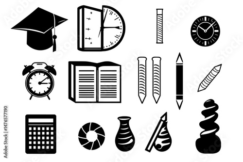 Education black icons’ is rephrased as ‘Simple school icons in black