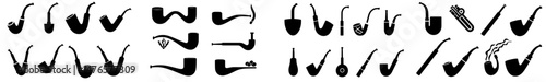 A set of smoking pipe black icons represents luxury tobacco accessories and the nicotine tobacco industry, featuring classic wooden old pipes in a simple black and white flat style