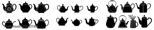 A set of black icons featuring tea kettles and tea pots in silhouette form represents non-alcoholic beverages and includes various shapes and sizes as a kitchen appliance element in a simple flat