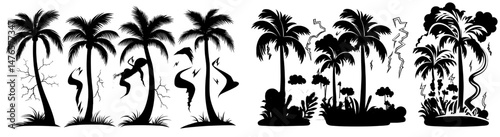 Modern cartoon scenes depict hurricanes with enormous vortexes uprooting palm trees and ferocious storm gusts