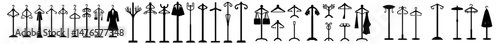 Modern silhouette icons include coat hangers and hat racks equipped with hooks for organizing dress garments