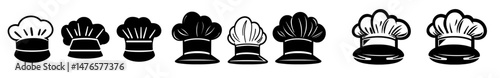 The design elements for menus, culinary, and websites include a simple black and white flat style chef hat silhouette set and kitchen headwear cook hed hat logo