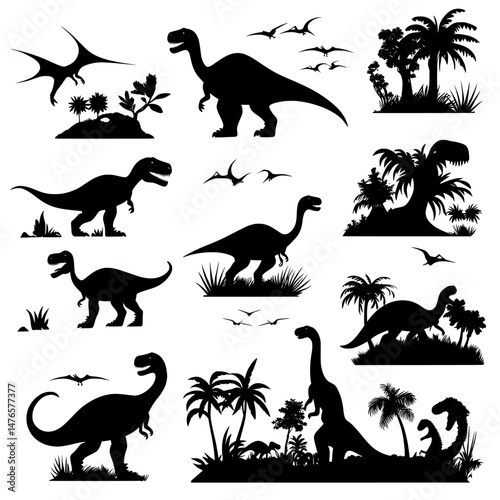 Dinosaur silhouettes on horizontal banners evoke a prehistoric era landscape, whereas modern backgrounds portray a serene scene of dino species shadows roaming at sunset with palm trees situated in