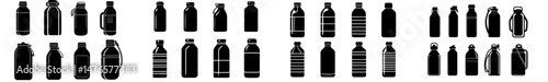 A collection of black icons featuring military flasks, canteens, and water bottles for camping and tourist use, designed as simple web elements in a flat style