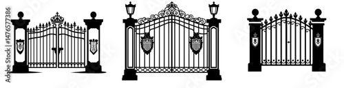 The black silhouette of a wrought gate stands out against its surroundings, accompanied by a decorative iron fence