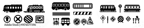 Modern children's transportation set featuring steam train and wagons, rails silhouettes, road signs, and a flat station with cartoon railway elements