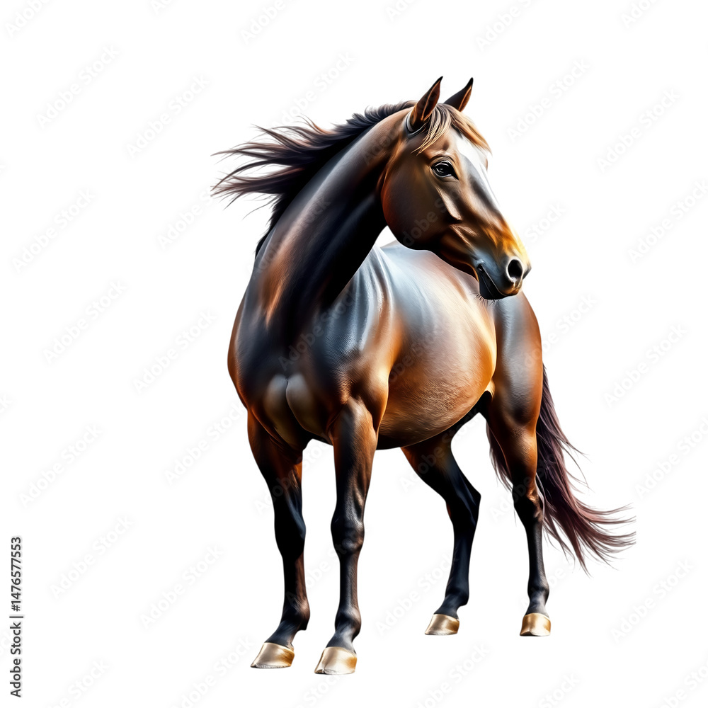 Obraz premium Majestic Horse in Stance: A regal horse, muscles defined and mane flowing, stands proudly, epitomizing strength and elegance.