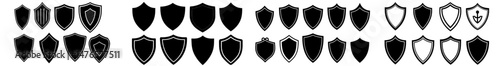 A set of black icons featuring the silhouette shape of a police badge, including shields and labels for police, military, and sport tags, symbolizing security, safety, and protection in a simple flat
