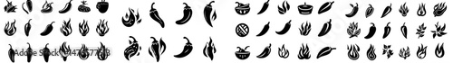 A set of monochrome icons featuring a silhouette of a hot chili pepper with flames, symbolizing a burning and spicy vegetable, is available in a simple black and white flat style logo