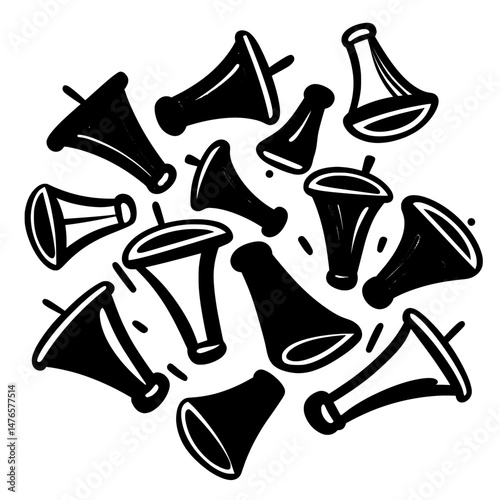 Vibrant cartoon whistles and blowers make great sound toys for birthday parties, festivals, or holidays, and their design can also be used as a modern fabric textile print, wallpaper, or wrapping