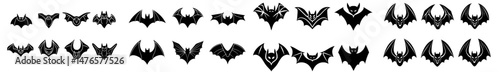 A set of Halloween icons featuring black silhouettes of flying bats, symbolizing mysterious blood-sucking animals, is perfect for horror and gothic-themed poster, banner, and website designs, as well