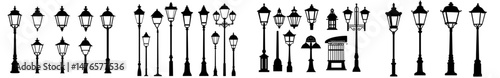 Silhouettes of vintage street lamps are set amidst old street lights and sidewalk lanterns as outdoors urban decoration infrastructure design elements