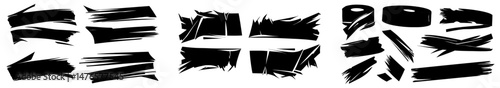 The collection includes black paper strips that are ripped, with rectangular cutouts having torn edges and shredded page remnants, set against a grunge backdrop with silhouettes and rough, jagged